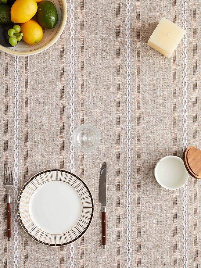ZeeMart Hemstitched Striped Boho Tablecloth 60x84 Inch (Fit 5ft, Narrow Fit 6ft Rectangle Table) Heavy Weight Farmhouse Burlap Linen Neutral Wrinkle Resistant Tablecloth, Natural