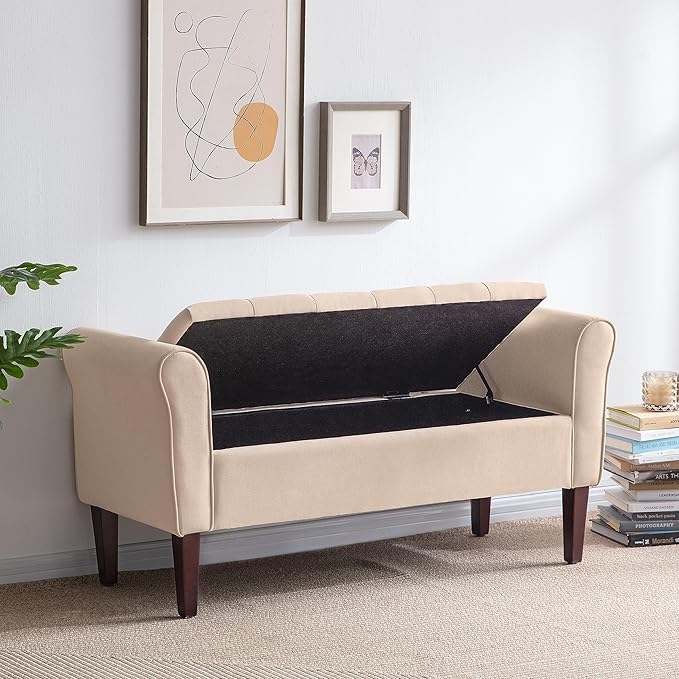 HUIMO 48" Arm Storage Ottoman with 7.5-inch Solid Wood Legs, Storage Bench, Upholstered Window Sitting Bench for Bedroom,End of Bed Bench Indoor, Livingroom, Entryway,Tan