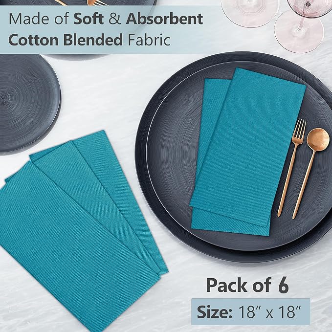 Ruvanti Cloth Napkins Set of 6, 18x18 Inches Napkins Cloth Washable, Soft, Durable, Absorbent, Cotton Blend. Table Dinner Napkins Cloth for Hotel, Lunch, Restaurant, Wedding Parties - Teal