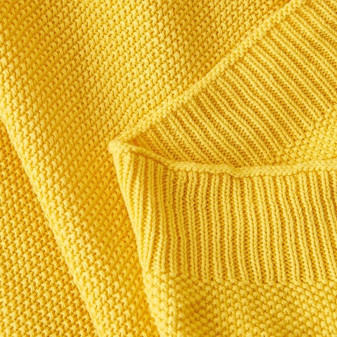 Longhui bedding Lemon Bright Yellow Cotton Cable Knit Throw Blanket for Couch Sofa Chair Home Decorative, Woven Throw Blankets 50 x 60 Inch 2.1 Pounds with a Washing Bag