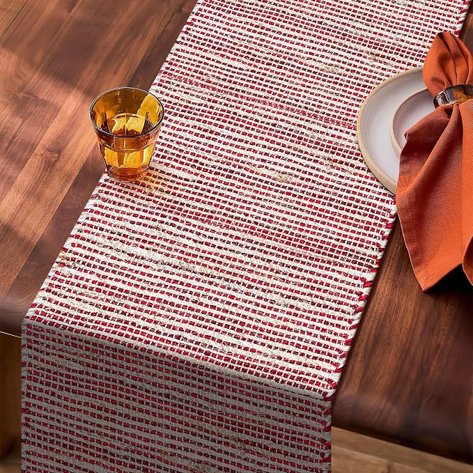 Boho Jute Table Runner for Dining Tables, Rustic Neutral Table Runner Farmhouse Style , Cotton and Jute Colorful Indoor Kitchen Decor, 13 X 108 Inch, - Natural- Red