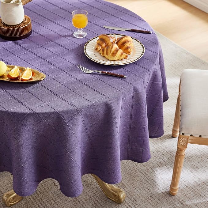 ZeeMart Linen Checked Table Cloth 52 Inches Round, Farmhouse Style Plaid Embroidered Water Resistant Table Cover, Purple