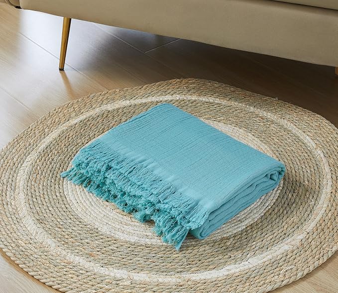 100% Cotton Muslin Throw Blanket for Bed, Couch, Small, Decorative, Soft, Pre-Washed, Breathable and Lightweight Gauze Blanket with Fringes(Teal, 50"x60")