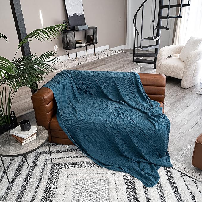 Comfy Cubs Muslin Throw Blanket - 50” x 60” Quilted Design - Lightweight, Breathable 6-Layer Gauze Fabric - Soft Cotton Blanket for Home or Travel - Packaged in Elegant Gift Box - Neptune