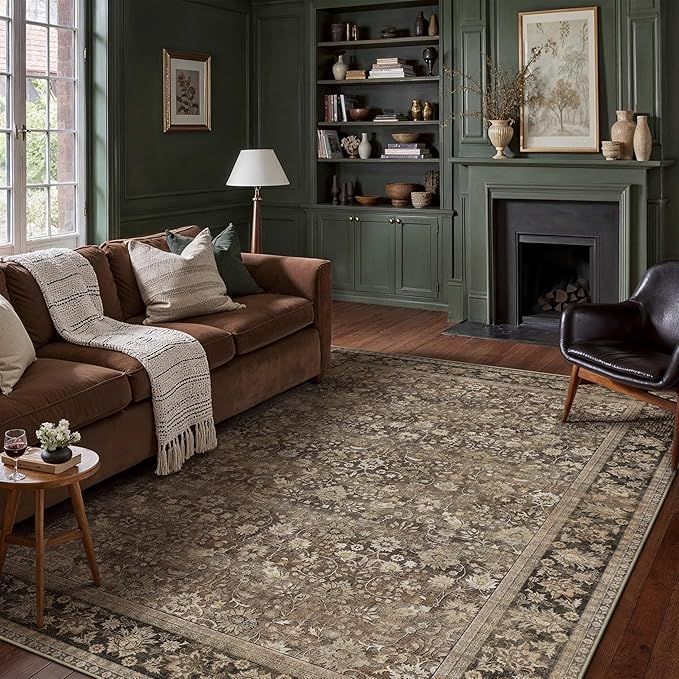 HUGEAR 9x12 Machine Washable Rugs Brown Hallway Large Area Rug Indoor Accent Rug Floral Low Pile Carpet Soft Throw Aesthetic Rug Bedroom Living Room Office Dining Room Kitchen Laundry Room