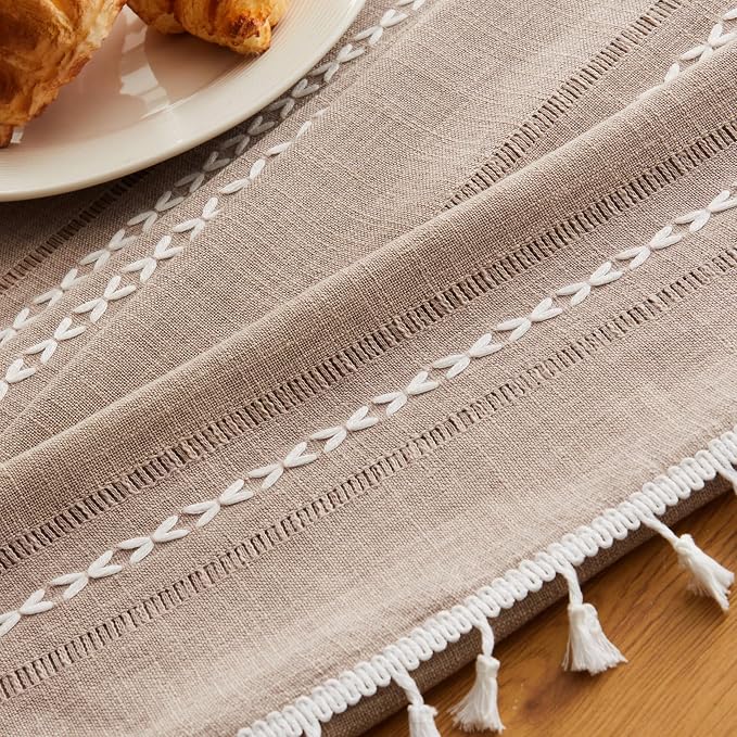 ZeeMart Hemstitched Embroidery Striped Boho Tablecloth 60x104 Inch Taupe, Heavy Weight Farmhouse Burlap Linen Light Brown Tablecloth, Wrinkle Resistant Washable Table Cloth for Rectangle Table