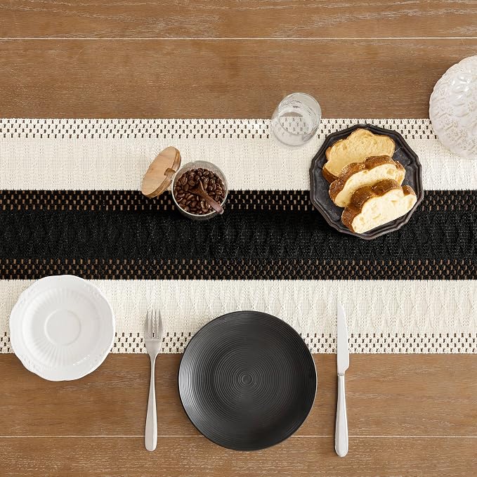 ZeeMart Macrame Style Bicolor Stitching Table Runner, 14 x 108 Inch Black/Ivory, Boho Black Table Runners 108 Inches Long, Farmhouse Woven Home Decor