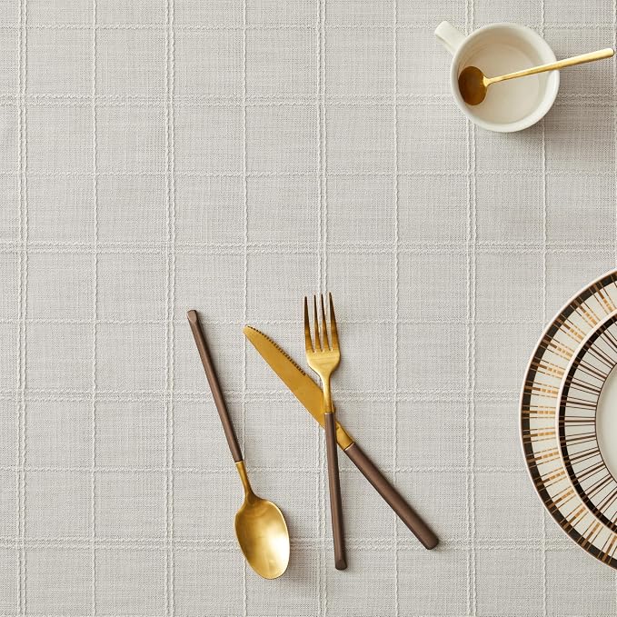 ZeeMart Linen Checked Table Cloth 60 Inches Round, Farmhouse Style Plaid Embroidered Off White Water Resistant Table Cover, Ivory