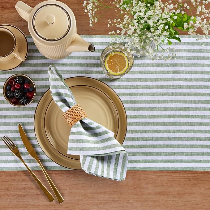 Solino Home Linen Table Runner 72 Inches Long - Amalfi Stripe, 100% Pure Linen Green and White Table Runner 14 x 72 Inch for Dining, Dresser, Summer