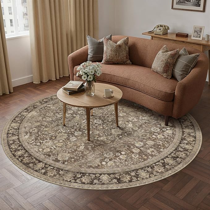 HUGEAR Round Rug 6ft Entryway Rugs Machine Washable Brown Hallway Area Rug 6x6 Large Circle Accent Rug Floral Low Pile Carpet Soft Throw Rug Living Room Office Laundry Room Entrance Non Slip
