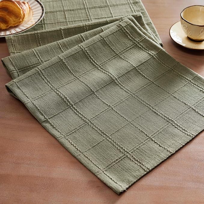 ZeeMart Linen Checked Farmhouse Table Runner, 13x60 Inches Olive | Raised Grid Design, Rich Woven Texture, Linen Blend Table Runners 60 Inches Long, Machine Washable, Boho Home Kitchen Decor