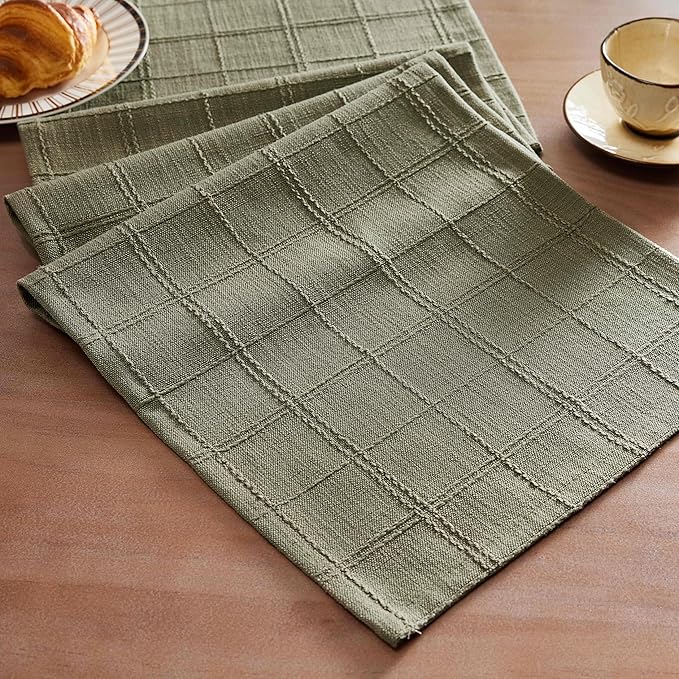 ZeeMart Linen Checked Farmhouse Table Runner, 13x90 Inches Olive | Raised Grid Design, Rich Woven Texture, Linen Blend Table Runners 90 Inches Long, Machine Washable, Boho Home Kitchen Decor
