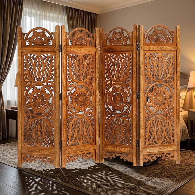 Lightnpro 4 Panel Majestic Wooden Room Divider 64"(W) x 48"(H) Hand-Carved Folding Privacy Screen, Pre-Assembled Decorative Partition for Living Room, Bedroom, Office Boho & Farmhouse Décor