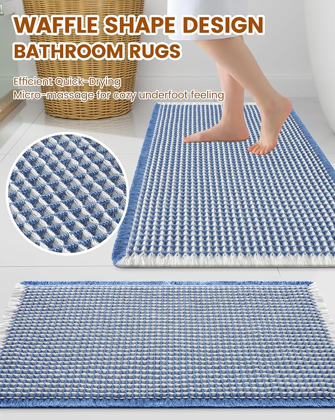 Smiry Waffle Bath Mat 36x24, Extra Soft Absorbent Bathroom Rugs, Non Slip Machine Washable Quick Dry Bath Rugs for Bathroom Floor, Tub, Shower, Home Decor Accessories, Blue & Cream