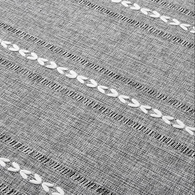 ZeeMart Hemstitched Embroidery Striped Boho Tablecloth 54x70 Inch Charcoal, Heavy Weight Farmhouse Burlap Linen Grey Tablecloth, Wrinkle Resistant Washable Table Cloth for Rectangle Table ﻿