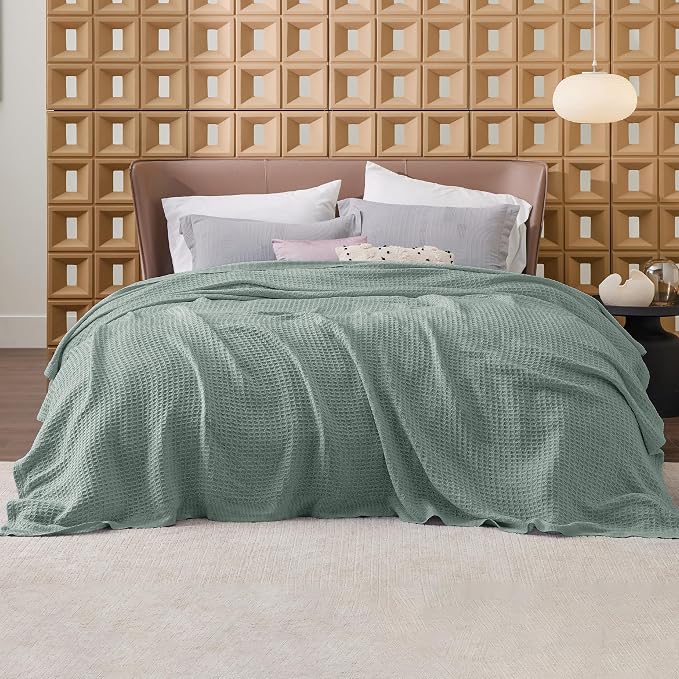 Bedsure 100% Cotton Blanket Full Size for Bed - Breathable and Soft for Summer, Thick Cozy Waffle Weave Blanket Gifts for Women, Sage Green, 80x90 Inches