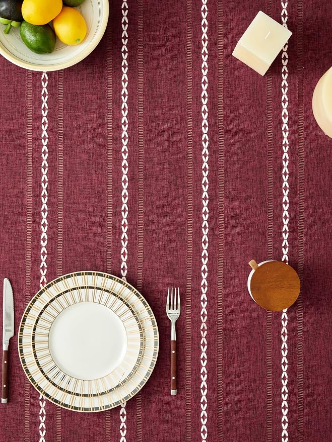 ZeeMart Hemstitched Embroidery Striped Boho Tablecloth 54x54 Inch Burgundy, Heavy Weight Farmhouse Burlap Linen Red Tablecloth, Wrinkle Resistant Washable Table Cloth for Square Table