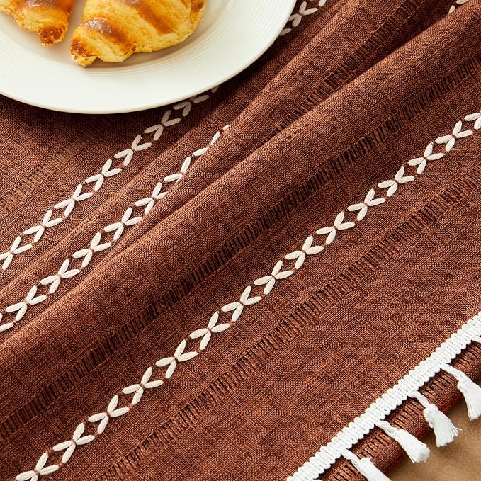 ZeeMart Hemstitched Embroidery Striped Boho Tablecloth 54x70 Inch Terracota, Heavy Weight Farmhouse Burlap Linen Terracota Tablecloth, Wrinkle Resistant Washable Table Cloth for Rectangle Table