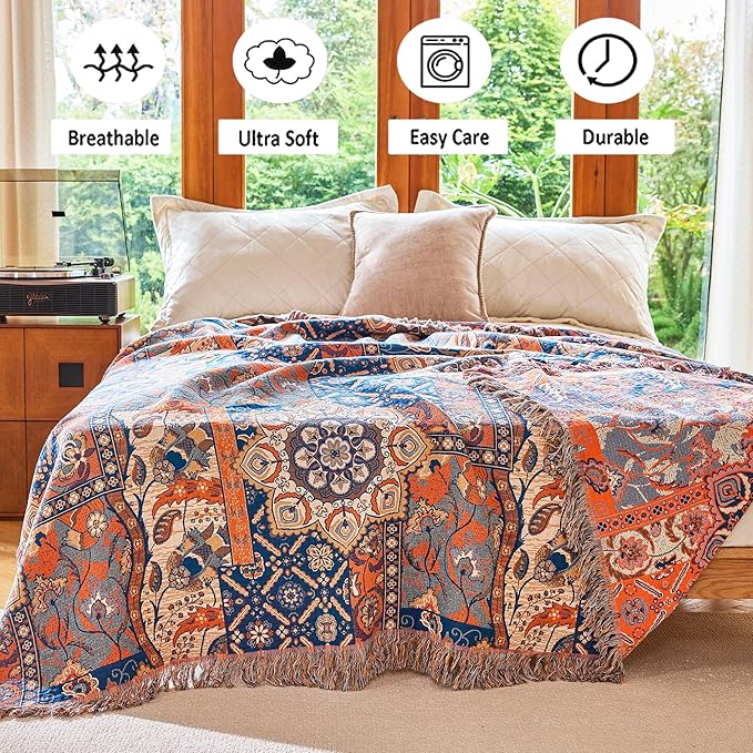 VANJOROY Boho Throw Blanket for Bed Couch 80" x 90", 100% Organic Cotton Skin-Friendly Ultra Soft Quilt Throw - Floral Rustic Living Room Decor Luxury Reversible Blanket for Sofa Chair and Gift