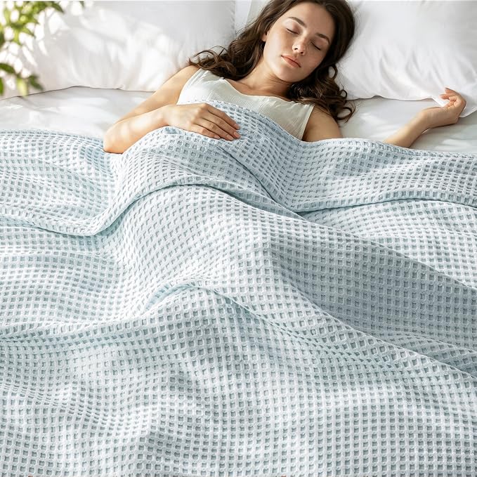 Exclusivo Mezcla Pre-Washed 100% Cotton Waffle Blanket Full Size for Bed, 330GSM Lightweight Breathable Summer Blankets, Soft and Cozy, Home Decor, Ice Blue, 80x90 Inches