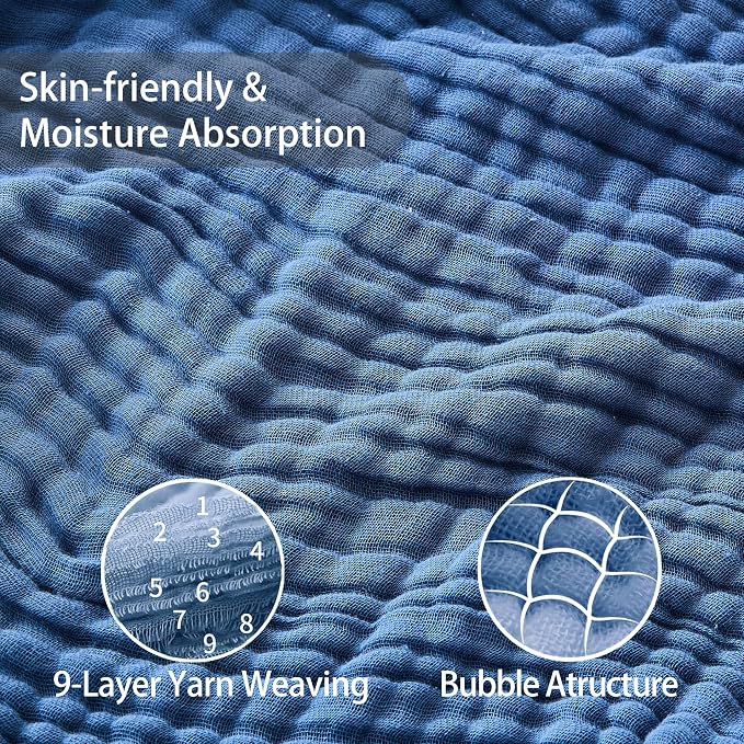 VANJOROY 9-Layer Muslin Throw Blanket Queen 90" x 90" Blue, 100% Cotton Organic Breathable Lightweight Large Throw for Couch Bed Quilt and Bedspread - All Season Muslin Soft Gauze Blanket