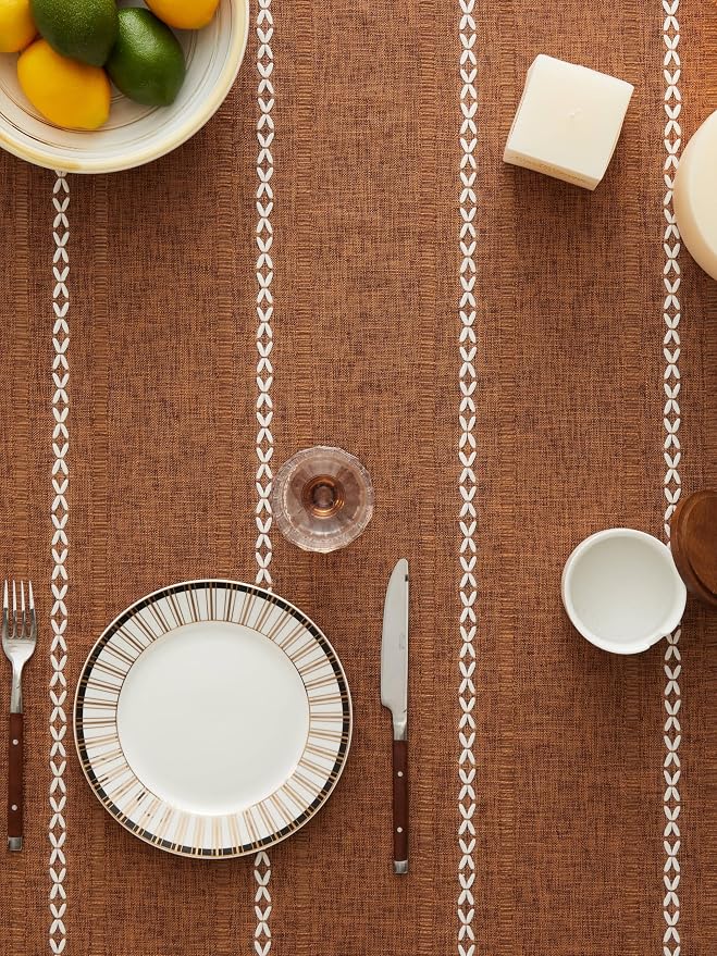ZeeMart Hemstitched Embroidery Striped Boho Tablecloth 60x60 Inch Caramel, Heavy Weight Farmhouse Burlap Linen Orange Brown Tablecloth, Wrinkle Resistant Washable Table Cloth for Square Table