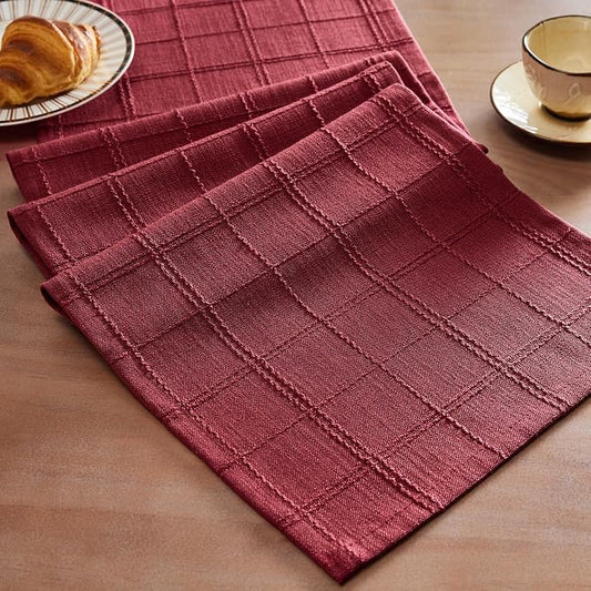 ZeeMart Linen Checked Farmhouse Table Runner, 13x60 Inches Burgundy | Raised Grid Design, Rich Woven Texture, Linen Blend Table Runners 60 Inches Long, Machine Washable, Boho Home Kitchen Decor