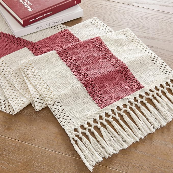 ZeeMart Macrame Style Bicolor Stitching Table Runner, 14 x 48 Inch Dusty Rose/Ivory, Boho Pink Table Runners 48 Inches Long, Farmhouse Woven Home Decor