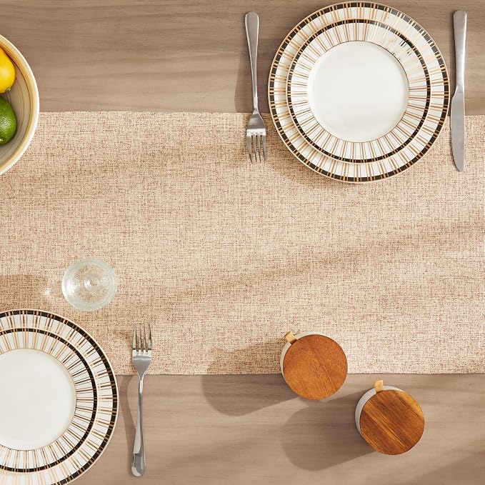 ZeeMart Burlap Style Farmhouse Table Runners 48 Inches Long, Beige Rustic Woven Dining Table Runner for Everyday Use, 14x48 Inches, Oatmeal Beige