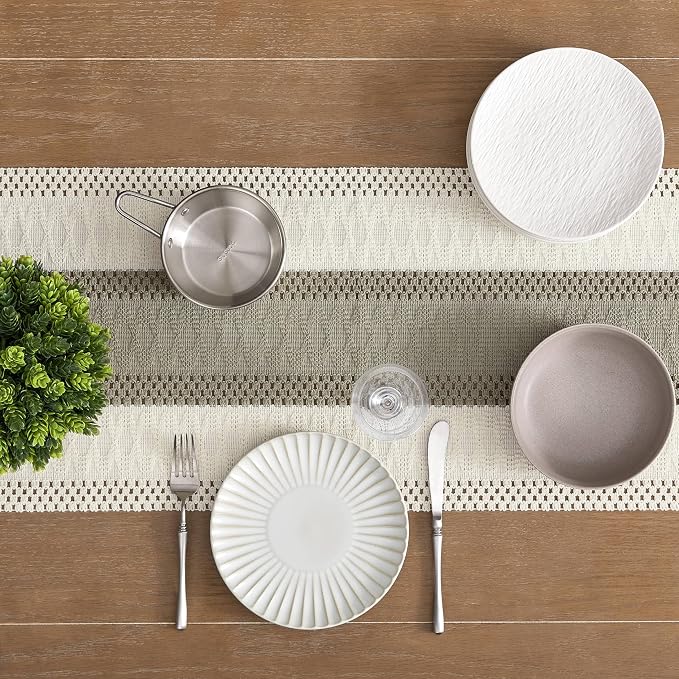 ZeeMart Macrame Style Bicolor Stitching Table Runner, 14 x 90 Inch Dark Sage/Ivory, Boho Grey Sage Table Runners 90 Inches Long, Farmhouse Woven Home Decor