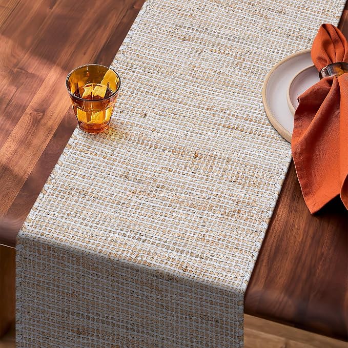 Boho Jute Table Runner for Dining Tables, Rustic Dining Table Runner Farmhouse Style , Cotton and Jute Neutral Colorful Indoor Kitchen Home Decor, 13 X 72 Inch, - Natural- Ivory