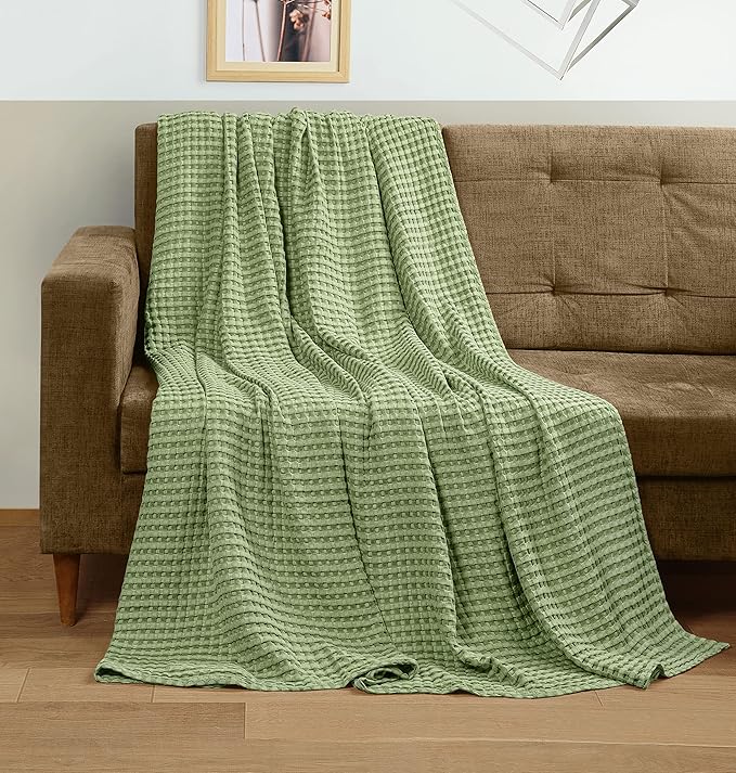 Utopia Bedding 100% Cotton Waffle Weave Blanket Queen Size for Bed - Lightweight, Breathable Summer Blankets Soft and Cozy, Gifts for Women Home Room Decor (Sage Green, 90x90 Inch)
