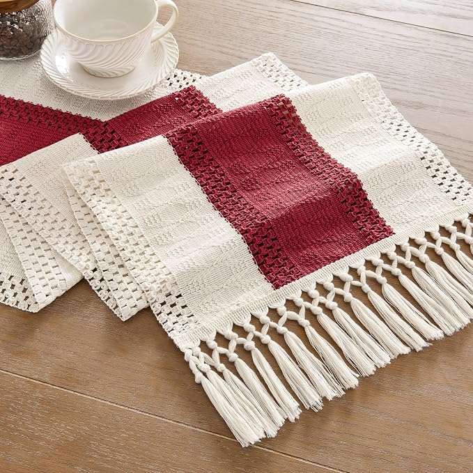 ZeeMart Macrame Style Bicolor Stitching Table Runner, 14 x 108 Inch Red/Ivory, Boho Red Table Runners 108 Inches Long, Farmhouse Woven Home Decor