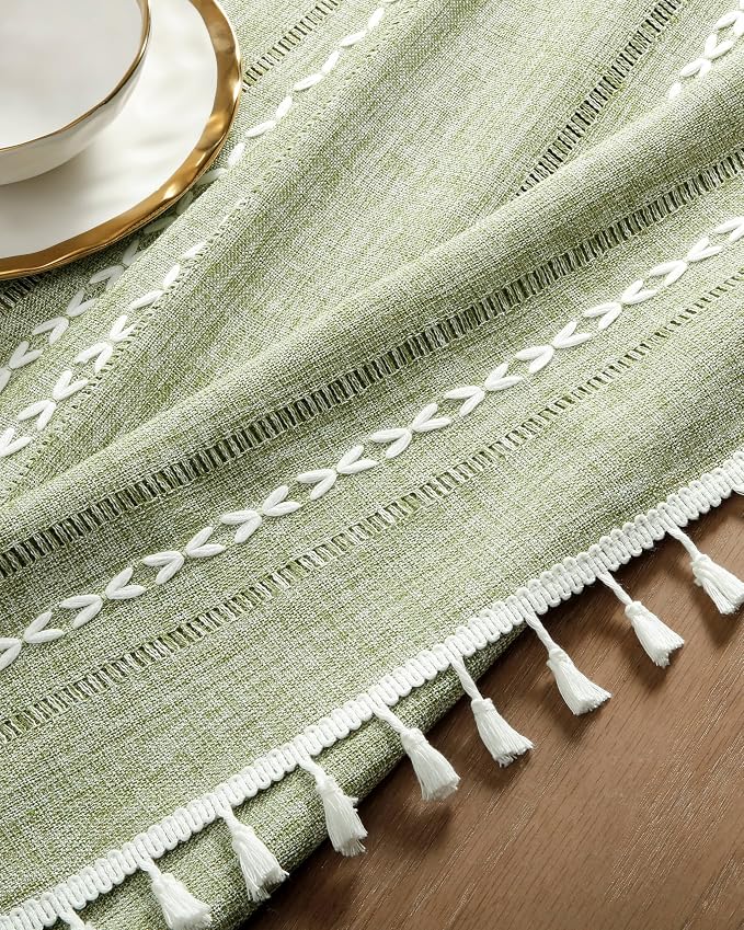 ZeeMart Hemstitched Embroidery Striped Boho Tablecloth 60x120 Inch Sage Green, Heavy Weight Farmhouse Burlap Linen Sage Green Tablecloth, Wrinkle Resistant Washable Table Cloth for Rectangle Table