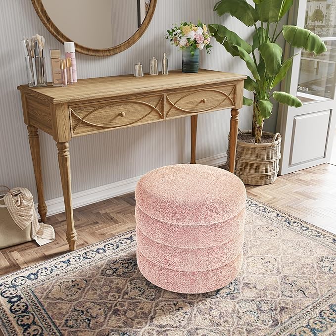 allamazing Storage Ottoman, Round Ottoman with Storage, Vanity Stool Foot Rest with Removable Lid, Round Boucle Upholstered for Living Room Pouf Footstool (Pink)