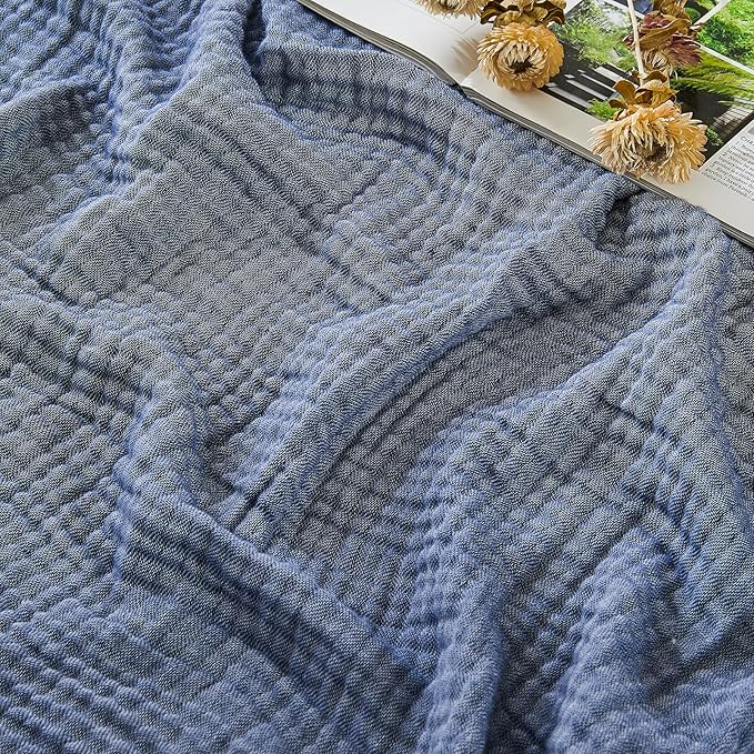 EMME Cotton Muslin Throw Blanket for Couch Breathable Gauze Soft Lightweight Blankets for Adults (Heather Navy, 50"x60")