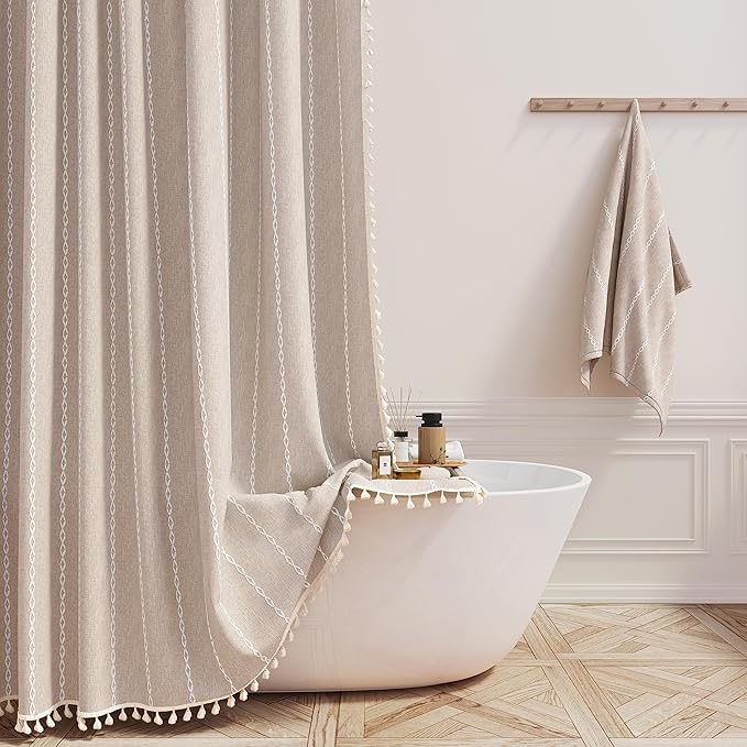 BTTN Stall Fabric Shower Curtain - 54x78 Boho Striped Linen Heavy Duty Tassel Shower Curtain Set with 10 Hooks, Narrow Rustic Modern Farmhouse Bohemian Thick Shower Curtains for Bathroom - Tan/Taupe