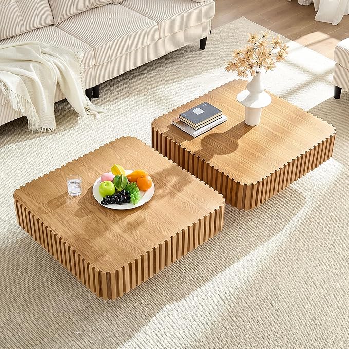 31.5" Square Coffee Table 2 Piece, Wooden Center Tea Table Accent End Table Set of 2 for Living Room Apartment, with Sturdy Curved Base & Solid Wood Fluted Side, Oak