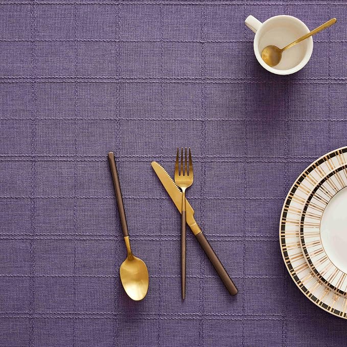 ZeeMart Linen Checked Table Cloth 52 Inches Round, Farmhouse Style Plaid Embroidered Water Resistant Table Cover, Purple