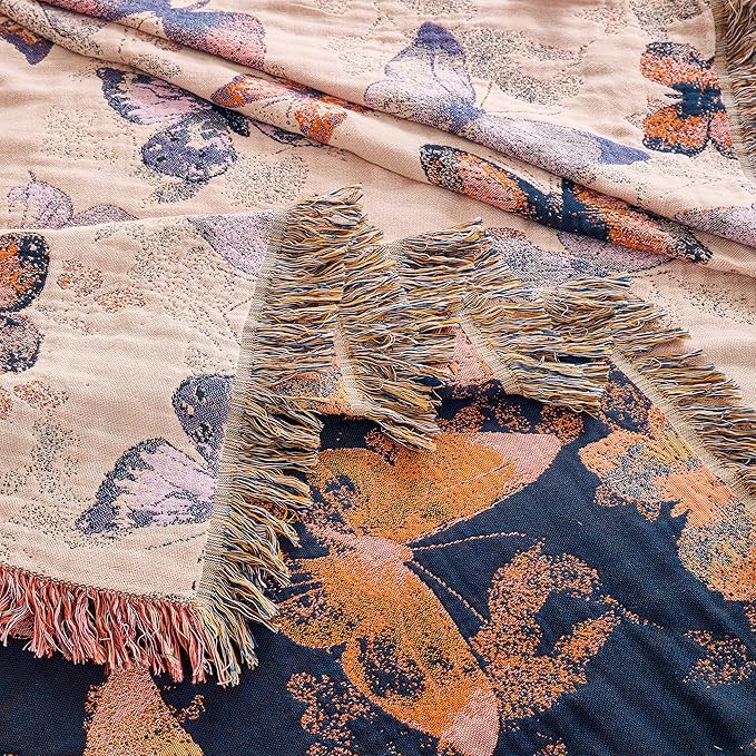 VANJOROY Boho Throw Blanket, 100% Organic Cotton Breathable Ultra Soft 60" x 80" Bed Quilt Throw - All Season Floral Rustic Farmhouse Decor Luxury Reversible Blanket for Sofa Couch Chair and Gift
