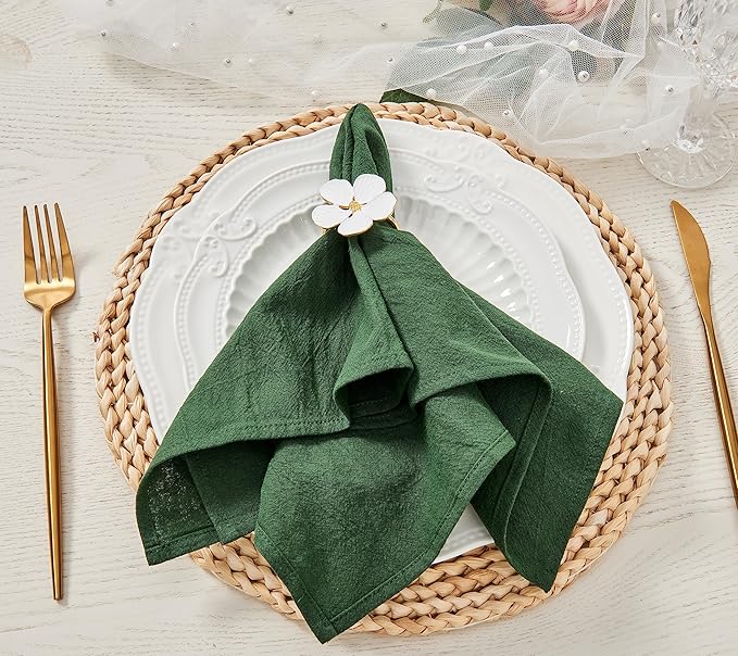 Dinner Cloth Napkins Bulk,100% Natural Soft Fall Cotton Linen Napkins,Washable Napkins with Hemmed Edges for Wedding Decorations Christmas,16”*16”, (Set of 12, Dark Green)