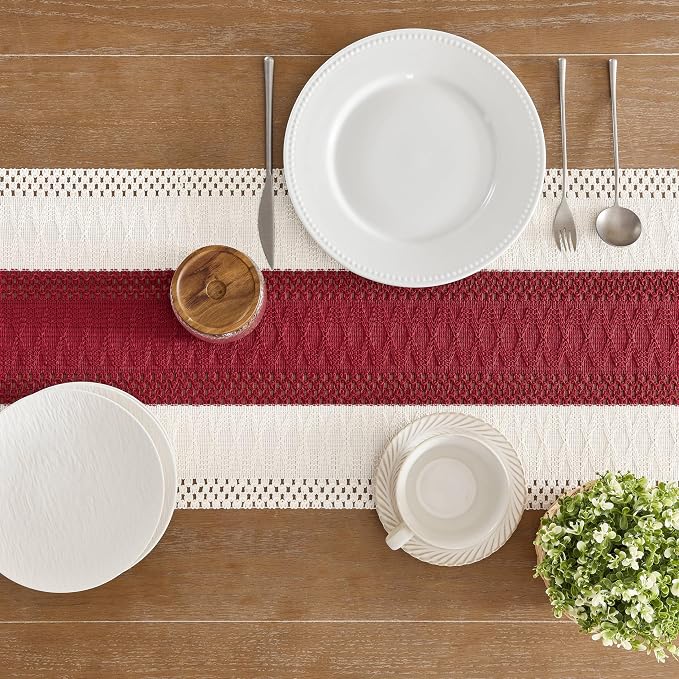 ZeeMart Macrame Style Bicolor Stitching Table Runner, 14 x 108 Inch Red/Ivory, Boho Red Table Runners 108 Inches Long, Farmhouse Woven Home Decor