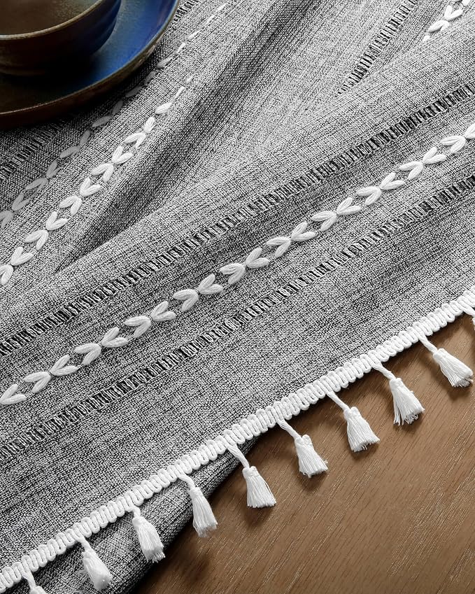 ZeeMart Hemstitched Embroidery Striped Boho Tablecloth 60x60 Inch Charcoal, Heavy Weight Farmhouse Burlap Linen Grey Tablecloth, Wrinkle Resistant Washable Table Cloth for Square Table