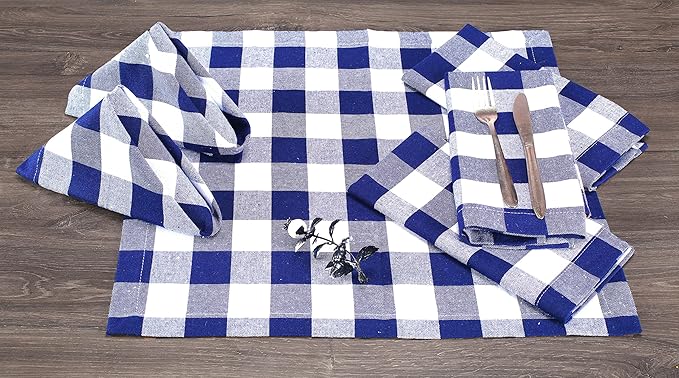 Buffalo Check Cloth Napkis Set of 12 - Decorative Soft Durable Washable Reusable Cotton Dinner Napkin for Dining Table Décor, Wedding, Christmas, New Year, & Everyday Use - 18x18 Inch - Ink Blue White