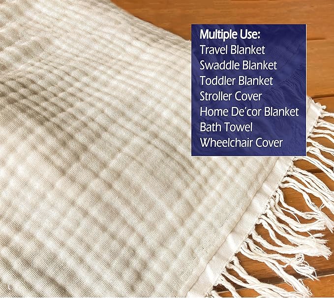 KyraHome 100% Organic Cotton Muslin Blankets for Adults, Large 60"x80", Plant Dyed, Lightweight Breathable Gauze Throw Blanket for Couch, Picnic, Summer All Season (Shortbread/Creamy)