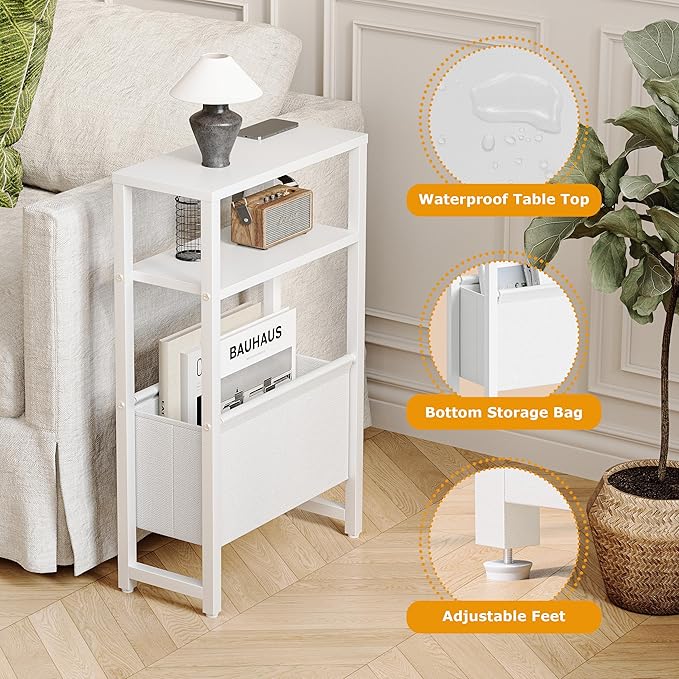 Narrow Side Table with Charging Station Slim End Table Sofa with Magazine Rack, Bedside Table for Small Spaces, 3 Tier Nightstand for Living Room Couch, Bedroom White LET503WE
