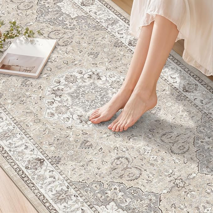 Washable Hallway 3x18 Runner Rug: Vintage Ultra Soft Non Slip Runner for Kitchen Entrance Indoor Farmhouse Long Carpet for Living Room Bathroom Low Pile Floor Mat for Bedroom Dining Room (3X18, Beige)