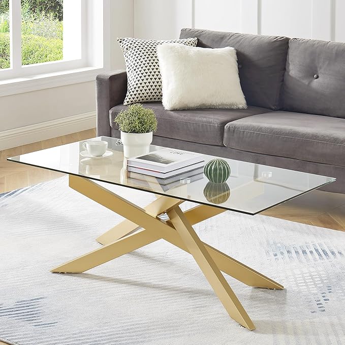 Gold Coffee Table for Living Room, Modern Glass Coffee Table with 47" Tempered Glass Top and Metal Tubular Legs for Small Space, Apartment, Office