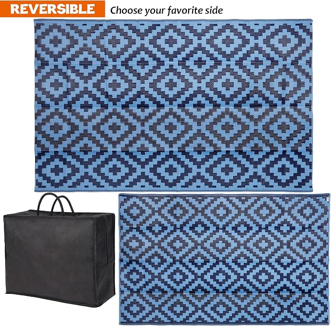 SAND MINE Reversible Mats, Plastic Straw Rug, Modern Area Rug, Large Floor Mat and Rug for Outdoors, RV, Patio, Backyard, Deck, Picnic, Beach, Trailer, Camping, Blue, 5' x 8'