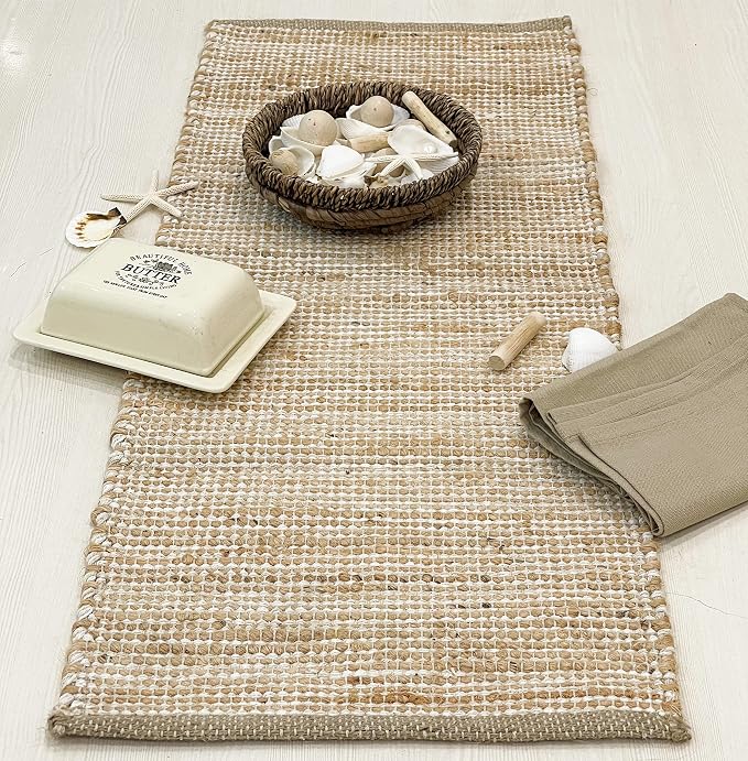 Chardin home Natural Jute Table Runner 13x36 Inch – Vintage Boho Rustic Table Decor – Handwoven Table Runner in Natural Jute and Ivory – Farmhouse Dining or Console Table Accent
